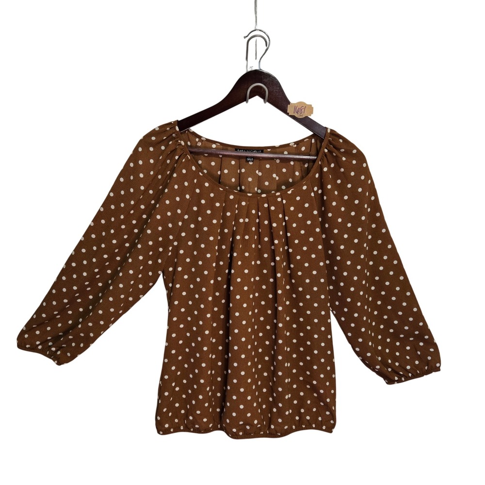 Sara Michelle Brown Polka Dot Pleated Square Neck Blouse 3/4 Sleeve Size M